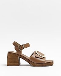RIVER ISLAND BROWN BLOCK HEELED SANDALS ~ women’s chunky buckled square toe sandal