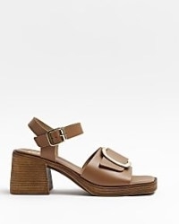 RIVER ISLAND BROWN BLOCK HEELED SANDALS ~ women’s chunky buckled square toe sandal