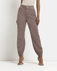 RIVER ISLAND BROWN HIGH WAISTED JOGGER JEANS ~ cuffed denim joggers