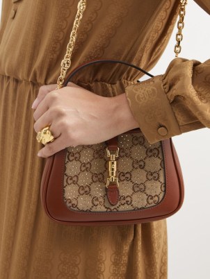 GUCCI Jackie 1961 crystal GG-Supreme and leather bag in brown ~ chain strap shoulder bags ~ small top handle handbag ~ MATCHESFASHION - flipped