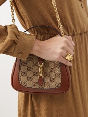 GUCCI Jackie 1961 crystal GG-Supreme and leather bag in brown ~ chain strap shoulder bags ~ small top handle handbag ~ MATCHESFASHION