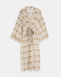 RIVER ISLAND BROWN PRINTED MIDI DRESS ~ women’s retro print dresses ~ wide kimono sleeves ~ front tie waist detail ~ vintage inspired prints