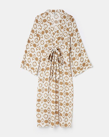 RIVER ISLAND BROWN PRINTED MIDI DRESS ~ women’s retro print dresses ~ wide kimono sleeves ~ front tie waist detail ~ vintage inspired prints - flipped