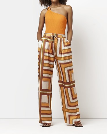 RIVER ISLAND BROWN PRINTED WIDE LEG TROUSERS | women’s silky retro print pants | women’s fashion with 70s vintage style prints - flipped