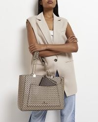 RIVER ISLAND BROWN RI MONOGRAM PRINT TOTE BAG ~ chic fashion handbags
