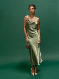 Reformation Bryn Silk Dress Artichoke ~ luxe green slip style midi dresses ~ lightweight silk charmeuse occasion fashion ~ slinky fabric evening fashion ~ draped cowl neckline