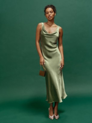 Reformation Bryn Silk Dress Artichoke ~ luxe green slip style midi dresses ~ lightweight silk charmeuse occasion fashion ~ slinky fabric evening fashion ~ draped cowl neckline