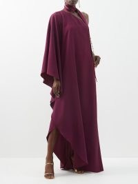 TALLER MARMO Bolkan one-shoulder satin gown in burgundy ~ elegant asymmetric gowns ~ womens designer event dresses ~ thigh high split ~ scarf neck detail ~ MATCHESFASHION ~ women’s luxury occasion clothes