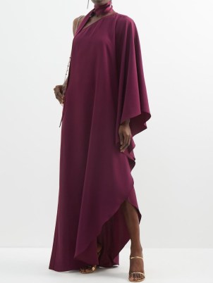 TALLER MARMO Bolkan one-shoulder satin gown in burgundy ~ elegant asymmetric gowns ~ womens designer event dresses ~ thigh high split ~ scarf neck detail ~ MATCHESFASHION ~ women’s luxury occasion clothes - flipped