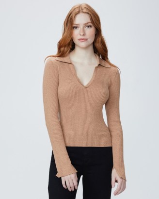 PAIGE Catarina Sweater in Dark Camel | womens light brown collared sweaters | long sleeve slim fit jumper with collar | women’s neutral knitwear
