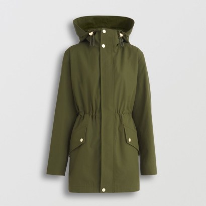 BURBERRY Tropical Gabardine Hooded Parka in Dark Olive Green ~ women’s designer parkas ~ women’s drawcord waist coats with hood - flipped