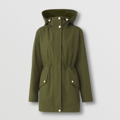BURBERRY Tropical Gabardine Hooded Parka in Dark Olive Green ~ women’s designer parkas ~ women’s drawcord waist coats with hood