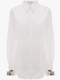 JW ANDERSON CHAIN LINK SHIRT in WHITE – women’s cotton designer shirts with chunky chains at the cuffs – curved hem