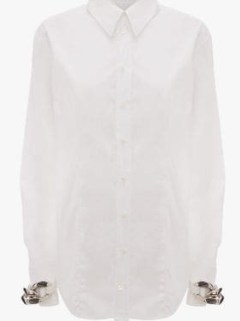 JW ANDERSON CHAIN LINK SHIRT in WHITE – women’s cotton designer shirts with chunky chains at the cuffs – curved hem - flipped