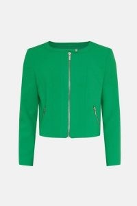 KAREN MILLEN Compact Stretch Biker Jacket in Green ~ women’s collarless zip detail jackets
