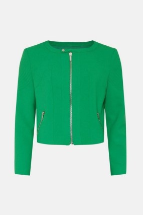 KAREN MILLEN Compact Stretch Biker Jacket in Green ~ women’s collarless zip detail jackets - flipped