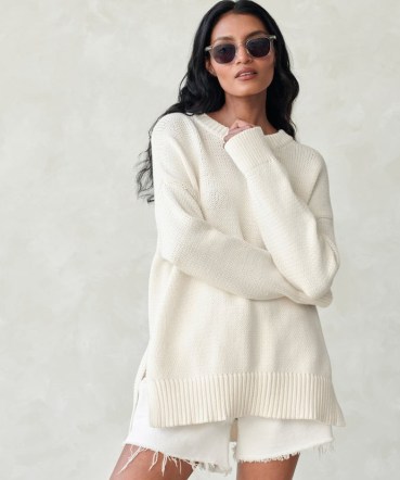 JENNI KAYNE Cotton Boyfriend Sweater in Ivory | women’s oversized dip hem sweaters | relaxed fit side split jumpers | womens luxe knitwear | drop shoulder - flipped