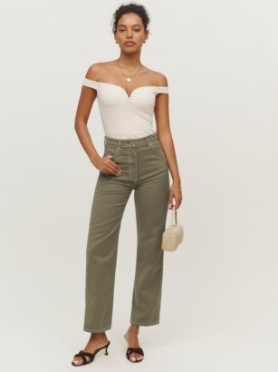 Reformation Cowboy High Rise Straight Jeans in Kalamata ~ women’s olive green denim fashion - flipped