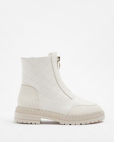 RIVER ISLAND CREAM QUILTED ZIP BOOT ~ women’s front zipped ankle boots - flipped