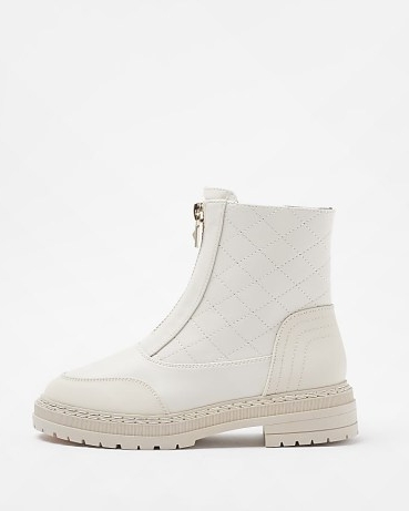 RIVER ISLAND CREAM QUILTED ZIP BOOT ~ women’s front zipped ankle boots