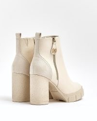 RIVER ISLAND CREAM SIDE ZIP HEELED BOOTS ~ chunky paneled faux leather boots ~ women’s block heel footwear