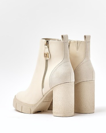 RIVER ISLAND CREAM SIDE ZIP HEELED BOOTS ~ chunky paneled faux leather boots ~ women’s block heel footwear - flipped