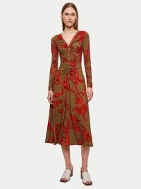 JIGSAW Dahlia Floral Ruched Dress / women’s long sleeved gathered front midi dresses