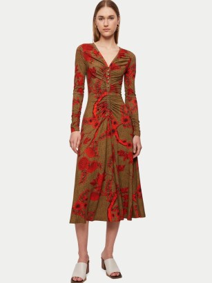 JIGSAW Dahlia Floral Ruched Dress / women’s long sleeved gathered front midi dresses - flipped