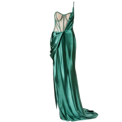 SOHUMAN DAKOTA GREEN MAXI DRESS ~ one shoulder evening event dresses ~ Wolf & Badger ~ women’s glamorous occasion clothes ~ fitted bodice ~ bustier detail - flipped