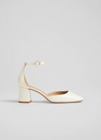 Darling Cream Patent Leather Pearl Buckle D’orsay Courts ~ ladylike ankle strap court shoes ~ beautiful block heels ~ women’s summer occasion footwear