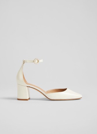 Darling Cream Patent Leather Pearl Buckle D’orsay Courts ~ ladylike ankle strap court shoes ~ beautiful block heels ~ women’s summer occasion footwear