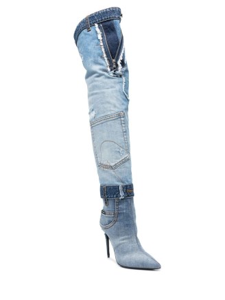 Dolce & Gabbana patchwork denim over-the-knee boots | blue pointed toe stiletto heel boot | women’s designer footwear at FARFETCH