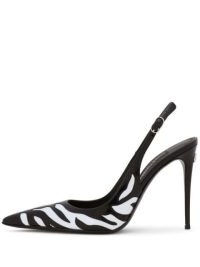 Dolce & Gabbana zebra-print slingback pumps in black/white – monochrome animal print slingback courts – black and white leather stiletto heel slingbacks – women’s designer court shoes – FARFETCH