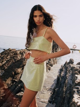 Reformation Dream Two Piece in Green / sequinned fashion sets / spaghetti strap crop top and mini skirt co-ord / beautiful sequin clothing co ords