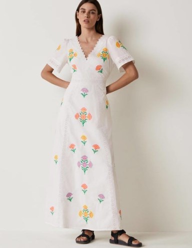 Boden Edith Embroidered Maxi Dress Ivory / floral embroidery on women’s summer dresses / short sleeved / scalloped V-neck / broderie detail / long length / womens feminine clothes / perfect holiday clothes - flipped