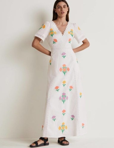 Boden Edith Embroidered Maxi Dress Ivory / floral embroidery on women’s summer dresses / short sleeved / scalloped V-neck / broderie detail / long length / womens feminine clothes / perfect holiday clothes