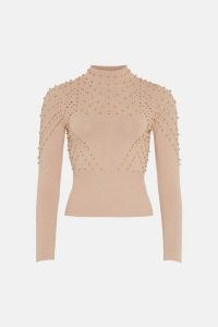 KAREN MILLEN Embellished Pointelle Long Sleeve Knitted Top in Nude / women’s long sleeved turtle neck jumpers / knitwear with a touch of glamour