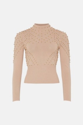KAREN MILLEN Embellished Pointelle Long Sleeve Knitted Top in Nude / women’s long sleeved turtle neck jumpers / knitwear with a touch of glamour - flipped