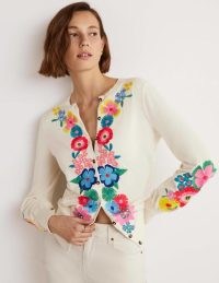 Boden Embroidered Blouson Cardigan Oatmeal Melange / feminine floral cardigans / beautiful knitwear