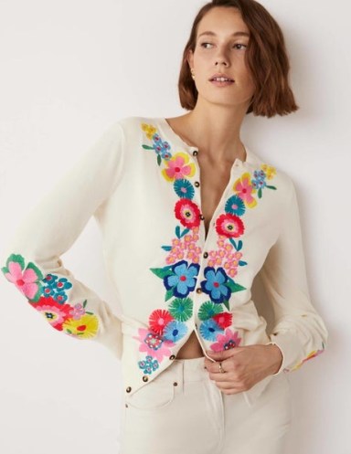 Boden Embroidered Blouson Cardigan Oatmeal Melange / feminine floral cardigans / beautiful knitwear - flipped
