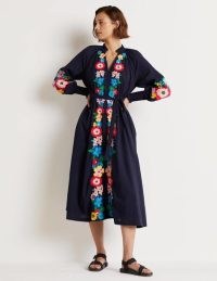 Boden Embroidered Cotton Maxi Dress Navy / dark blue floral tie waist dresses