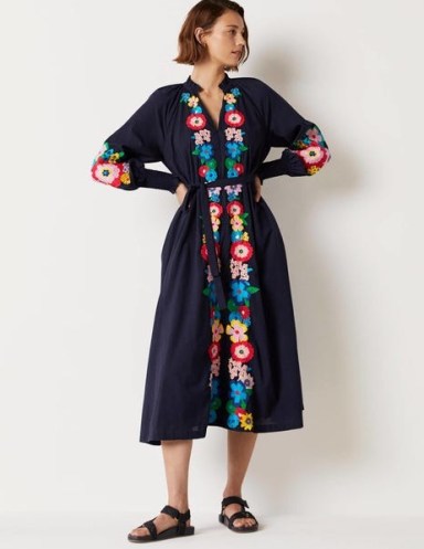 Boden Embroidered Cotton Maxi Dress Navy / dark blue floral tie waist dresses - flipped