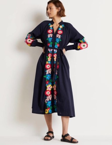 Boden Embroidered Cotton Maxi Dress Navy / dark blue floral tie waist dresses