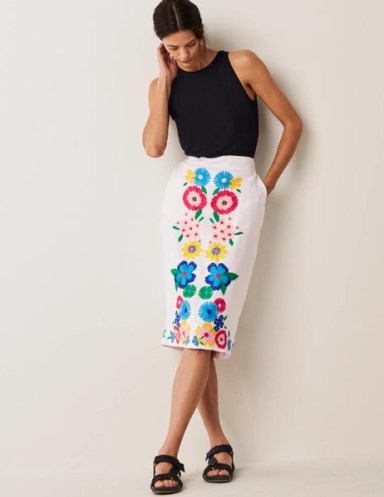 Boden Embroidered Linen Pencil Skirt White, Embroidered | women’s floral skirts - flipped