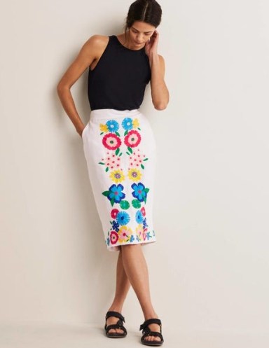 Boden Embroidered Linen Pencil Skirt White, Embroidered | women’s floral skirts