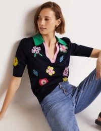 Boden Embroidered Pop Collar Jumper Navy, Multi Flowers | dark blue collared jumpers | women’s knitted retro fashion | womens floral vintage inspired clothes