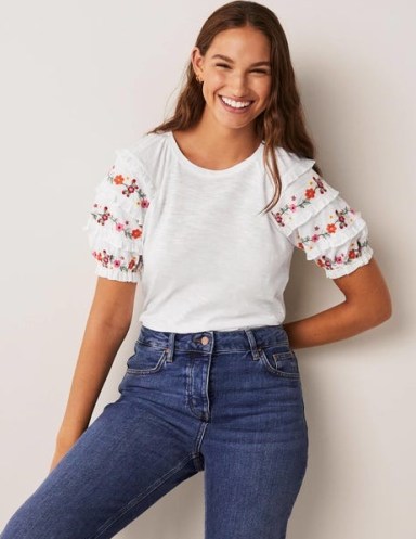 Boden Embroidered Sleeve Jersey Top White / womens short sleeved tops with floral embroidery / ruffle trim sleeves / women’s essential cotton summer fashion / feminine frill detail T-shirts - flipped