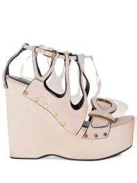 Emilio Pucci strap-detail platform-wedge sandals in beige / women’s designer chunky platforms / high heeled studded wedges / farfetch / cute front fish cut out