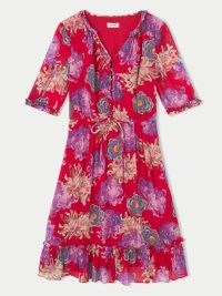 JIGSAW Eternal Bloom Crinkle Dress in Red / floral ruffle trim tie waist dresses / feminine clothes