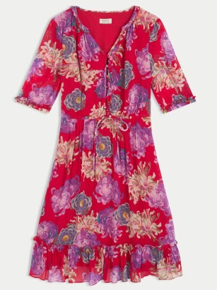 JIGSAW Eternal Bloom Crinkle Dress in Red / floral ruffle trim tie waist dresses / feminine clothes - flipped